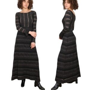 Zara Metallic Crochet Knit Maxi Dress Black and Gold Sparkle Size M